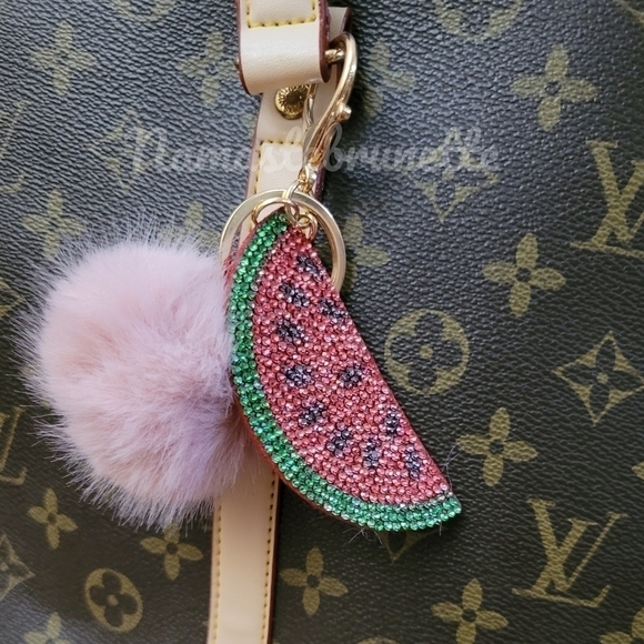 Rhinestone Watermelon Pom Pom Keychain Bag Charm - Picture 14 of 17